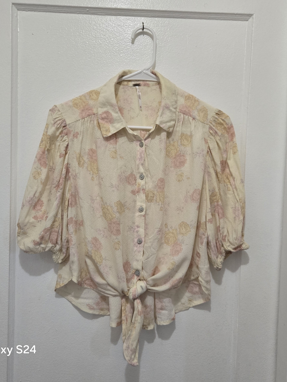 Free People Cream Floral Tie-Front Button Down Blouse